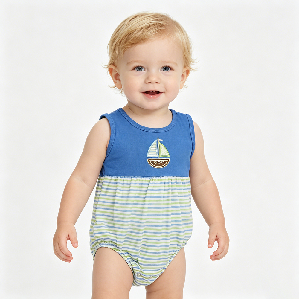 Sailboat Embroidery Stripes Print Baby Boys Sleeveless Bubble Romper