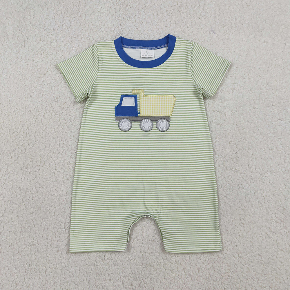 SR3893  Dump Truck Embroidery Stripes Print Baby Boys Summer Romper