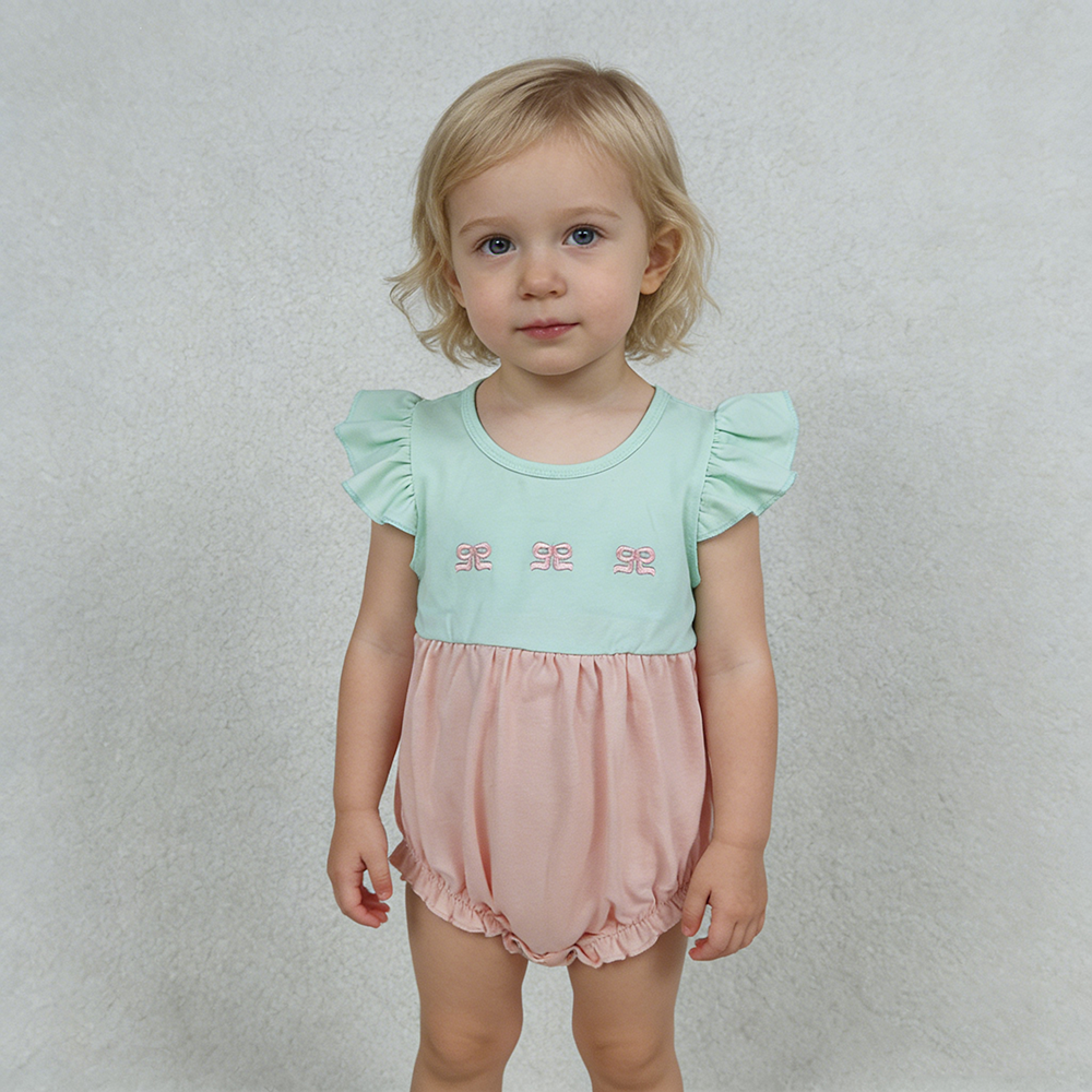 SR3895 Girls’ Pink & Green Bow Embroidery Flutter Sleeve Romper