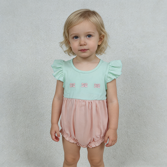 SR3895 Girls’ Pink & Green Bow Embroidery Flutter Sleeve Romper