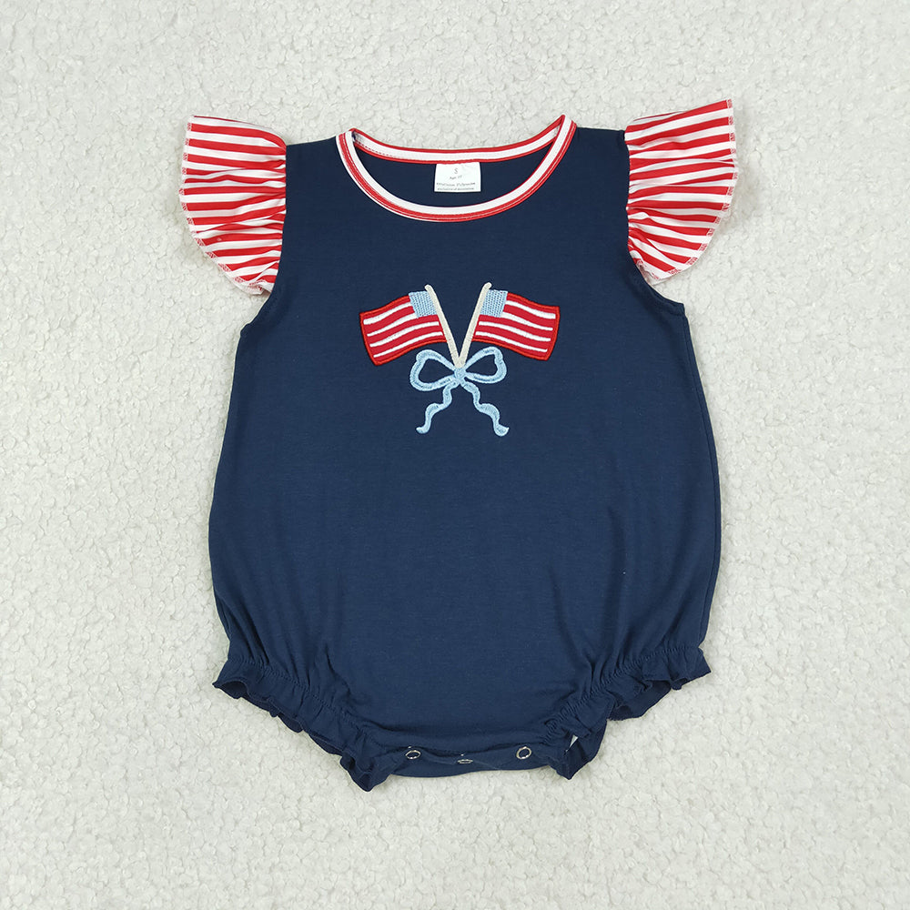 SR3903 Girls’ Stripe & Navy Flag Bow Embroidery Flutter Sleeve 4th of July Romper