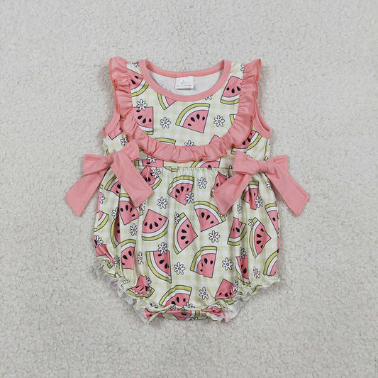 SR3920 Watermelon Flowers Print Baby Girls Summer Ruffle Sleeveless Summer