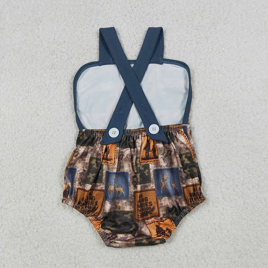 SR3925  Deer Camo Hunting Print Baby Boys Summer Strap Romper