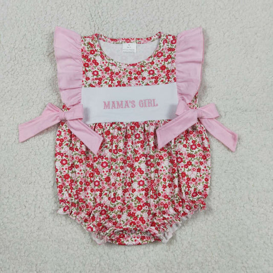 SR3939 Mama's Girl Embroidery Flutter Sleeve Flowers Bows Baby Girls Romper
