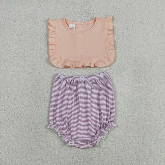 SR3941 Pink Top Purple Stripes Print Baby Girls Buttons 2 Pieces Romper
