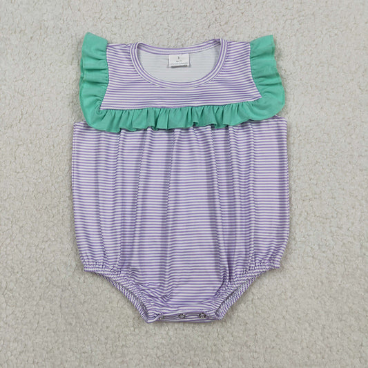SR3942 Purple Striped Romper with Green Ruffle Sleeveless - Girls