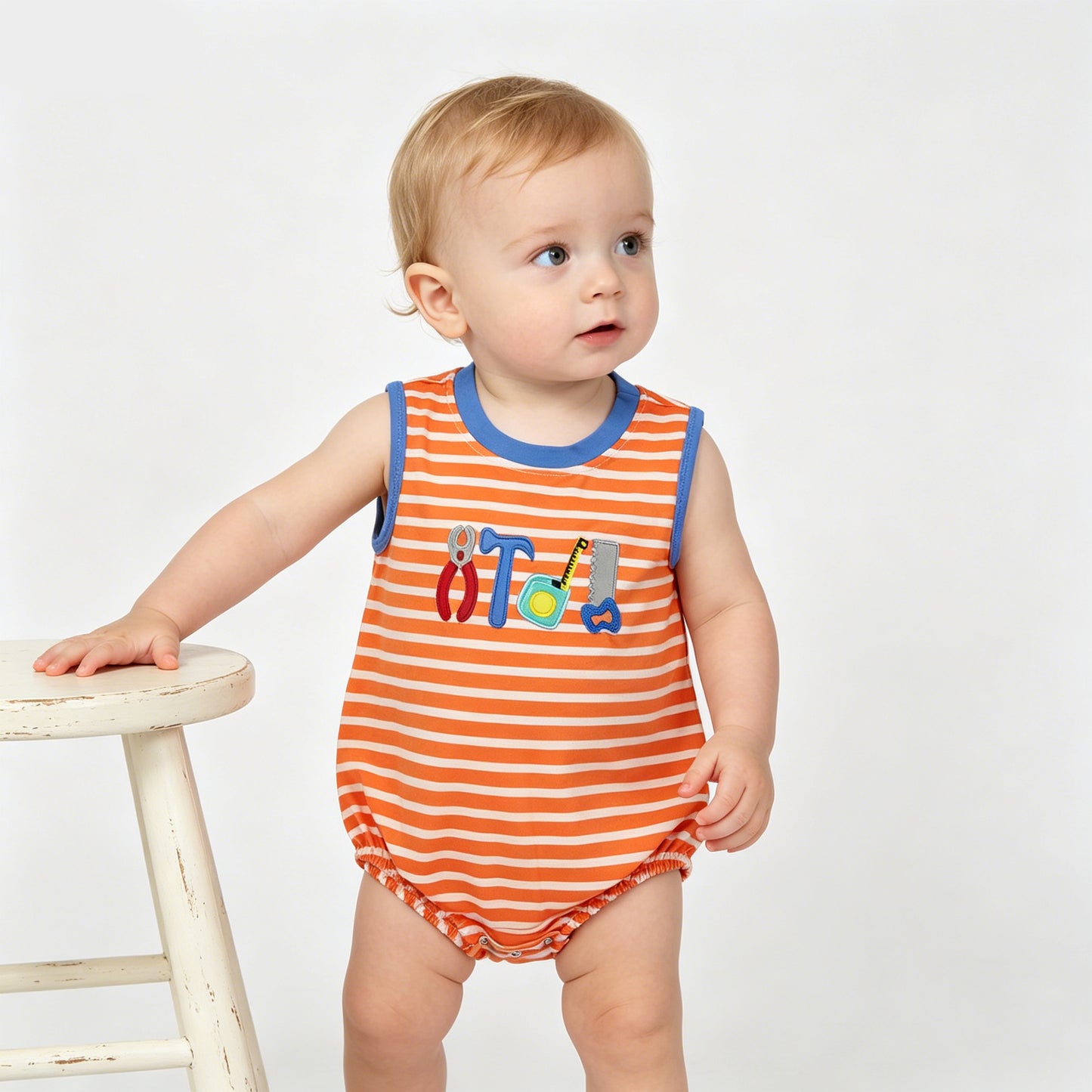 Sibling Boys Tool Embroidery Matching Outfit - Toddler Orange Stripe Set & Baby Romper