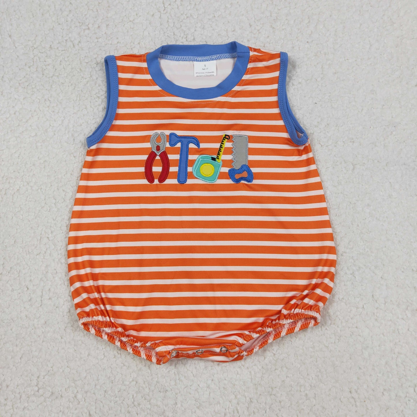 Sibling Boys Tool Embroidery Matching Outfit - Toddler Orange Stripe Set & Baby Romper
