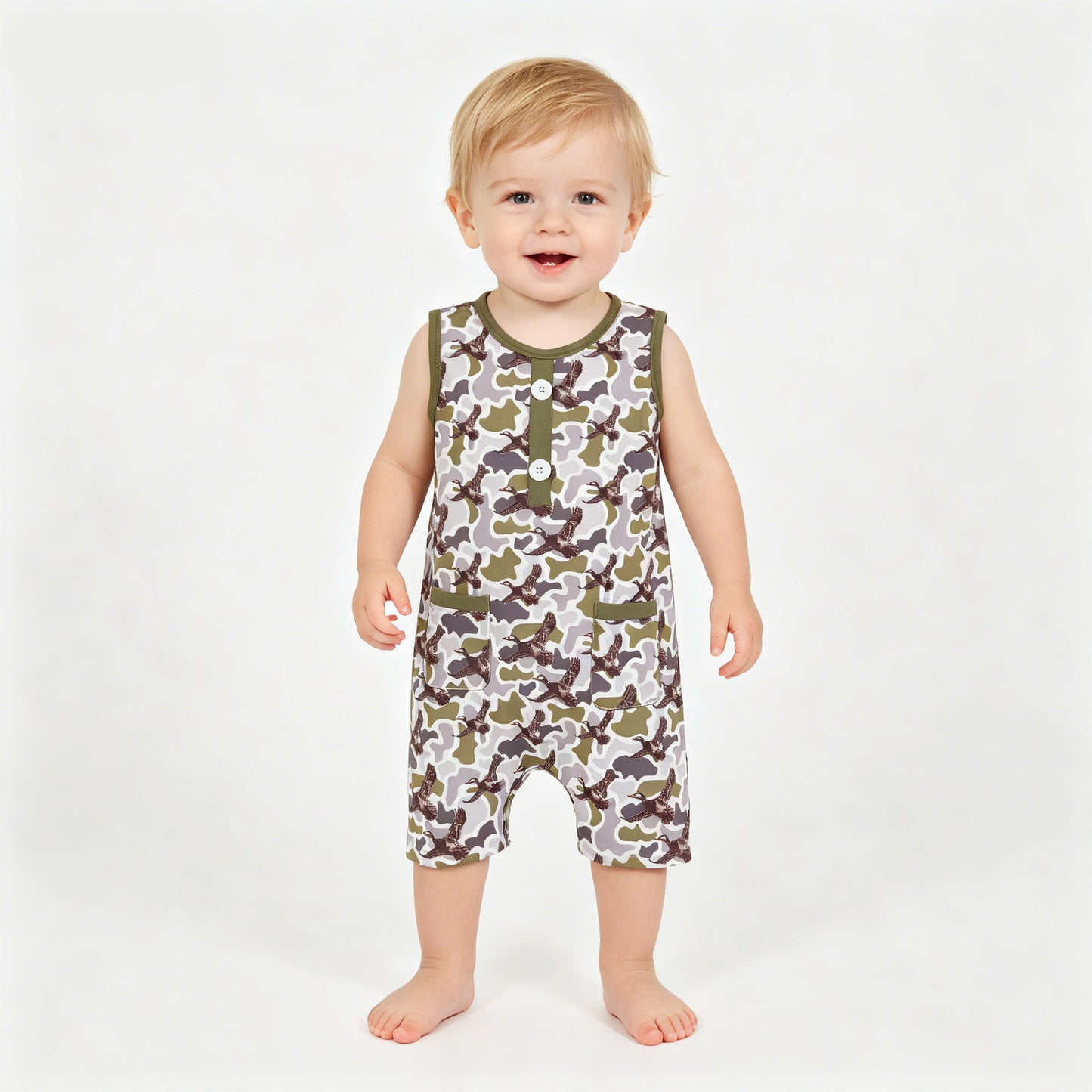 SR3946 Duck Green Grey Camo Print Pockets Baby Boys Summer Romper