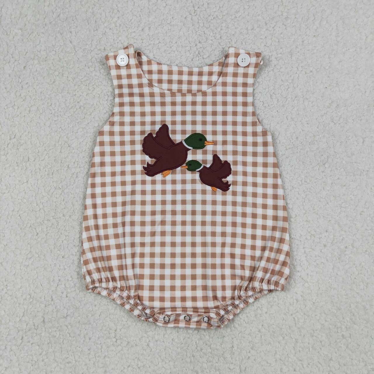 Toddler Boys Brown Gingham Mallard Duck Embroidery Bubble Romper