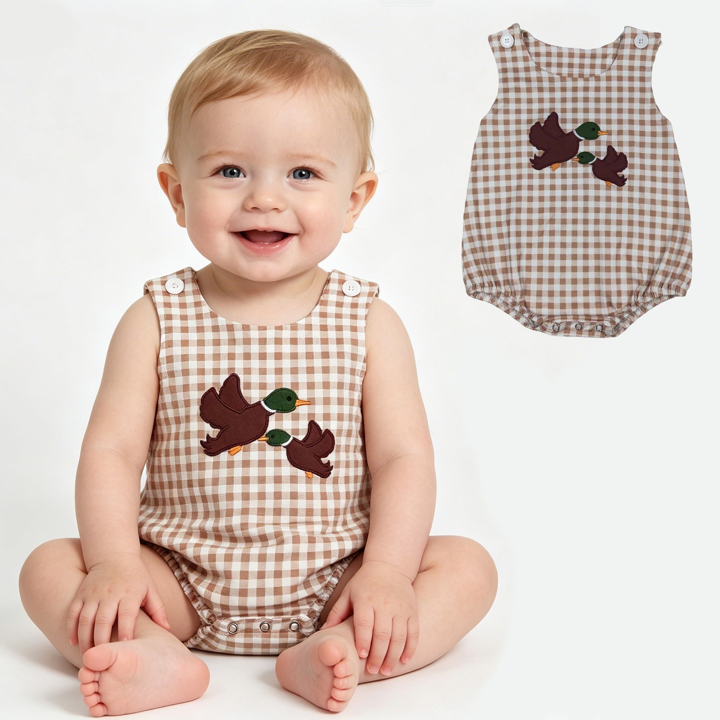 Toddler Boys Brown Gingham Mallard Duck Embroidery Bubble Romper