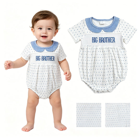 SR3980 Big Brother Embroidery Blue Polka Dot Baby Boys Smocked Bubble Romper