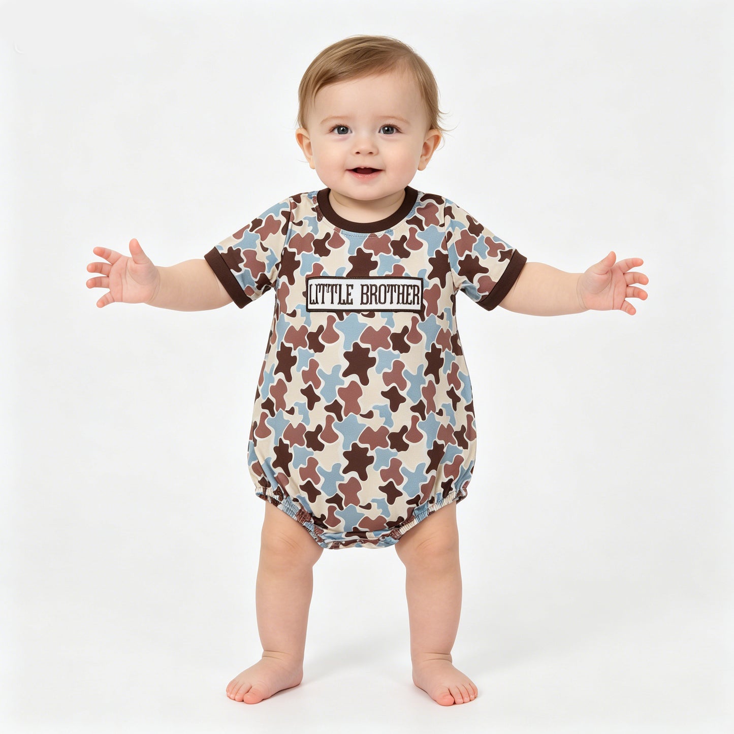 Baby Boys Summer Bubble Romper Embroidery Little Brother Camo Romper