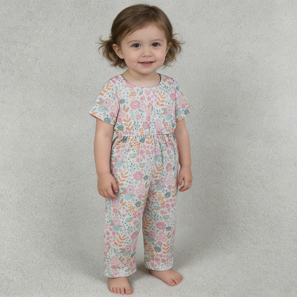 SR3987 Baby Girls’ Pink Floral Jumpsuit Straight Romper – Cute & Comfy Everyday