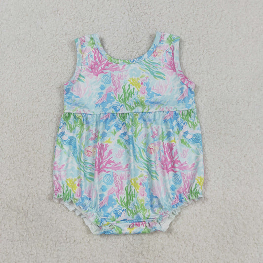SR3991 Colorful Seaweed Mermaid Baby Girls Summer Sleeveless Bubble Rompers