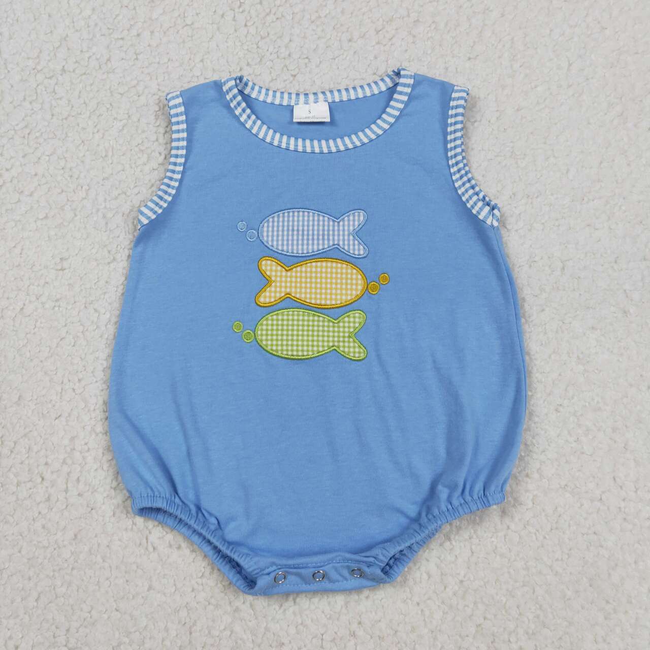 Kids Gingham Fish Embroidery Set - Summer Striped Outfit Sibling