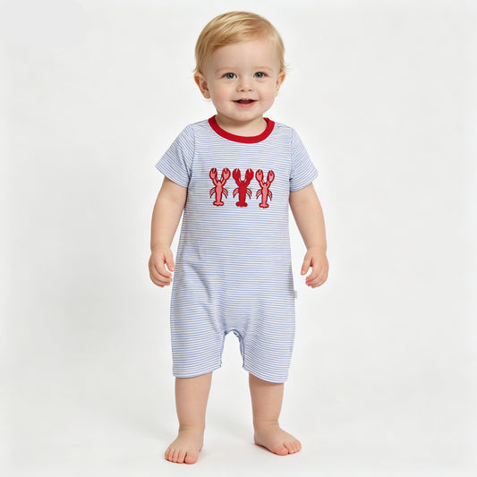 SR4007 Crayfish Embroidery Stripes Print Baby Boys Summer Romper