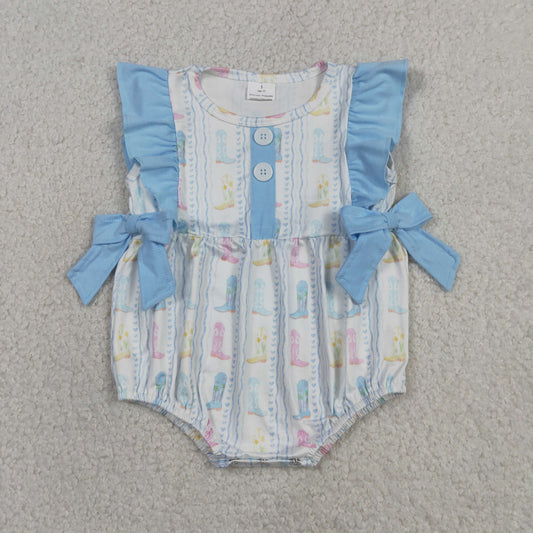 Summer Baby Girls Western Boots Bubble Romper With Blue Bow