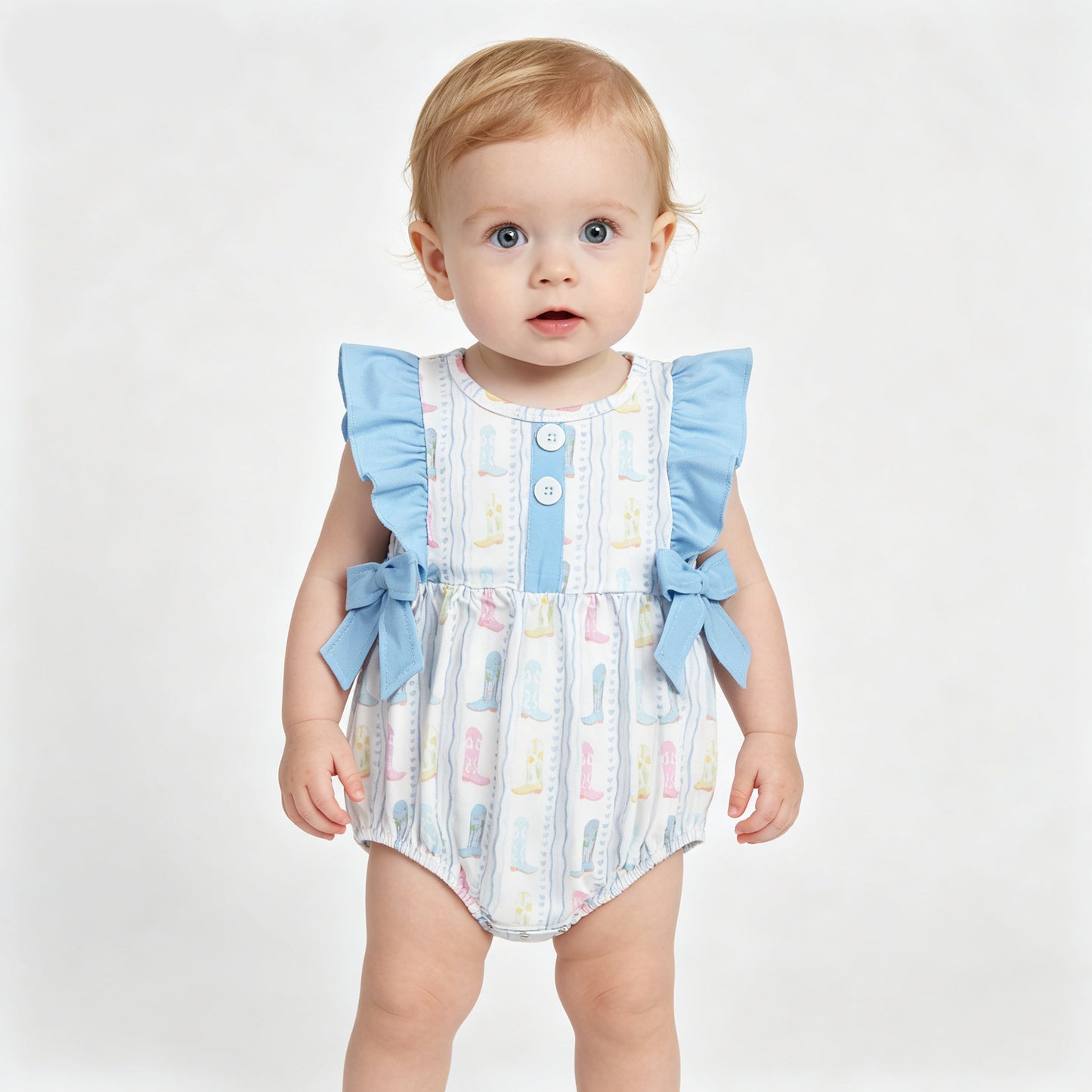 Summer Baby Girls Western Boots Bubble Romper With Blue Bow