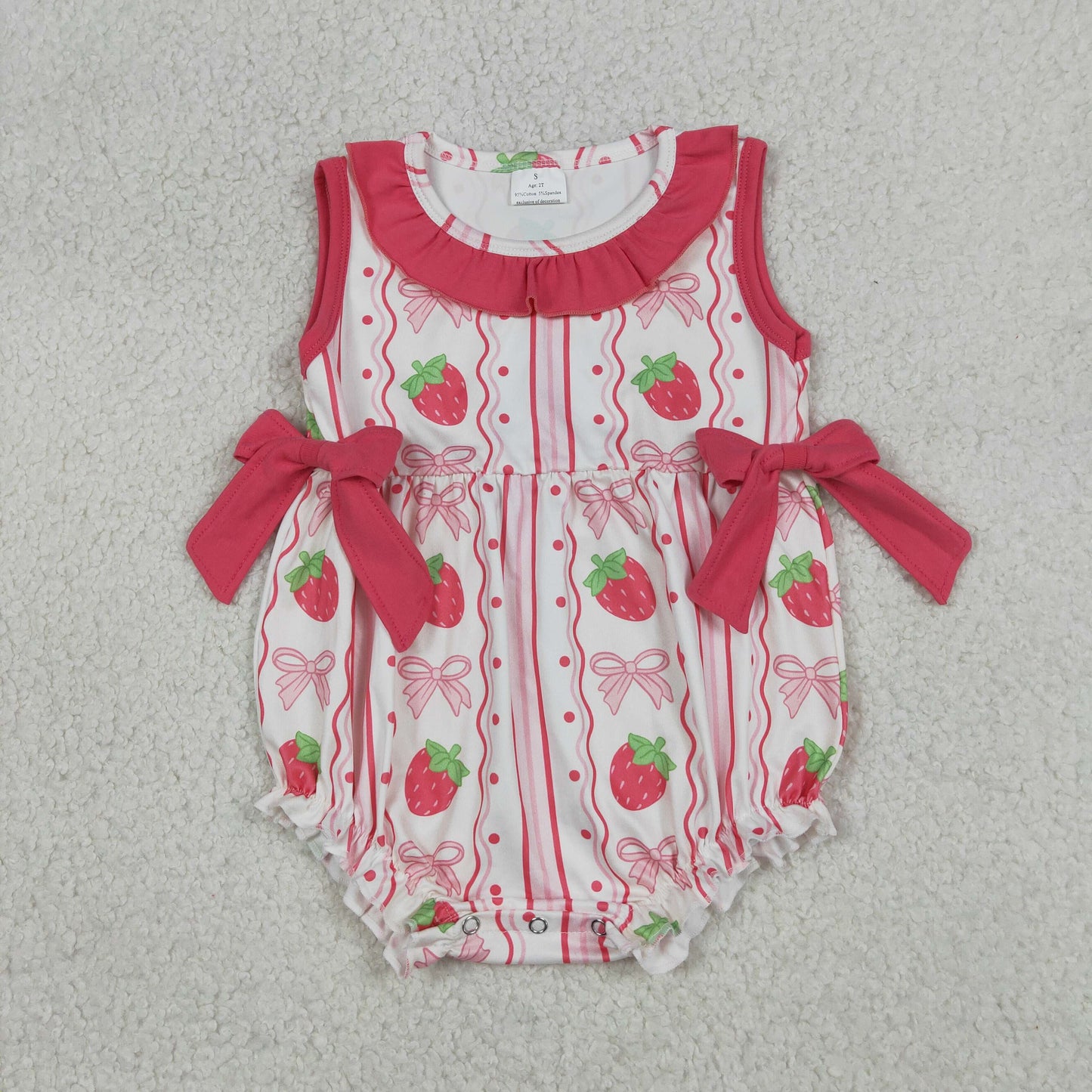 Baby Girls Strawberry Print Ruffle Bubble Romper, Infant Summer Outfit with Bows