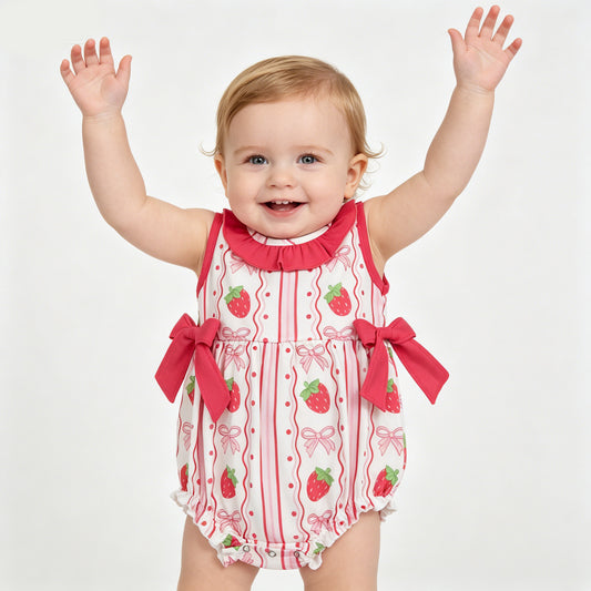 Baby Girls Strawberry Print Ruffle Bubble Romper, Infant Summer Outfit with Bows