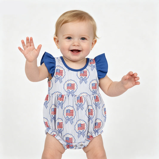 Patriotic American Flag Baby Girl Romper - 4th of July Ruffle Sleeve Halter Onesie