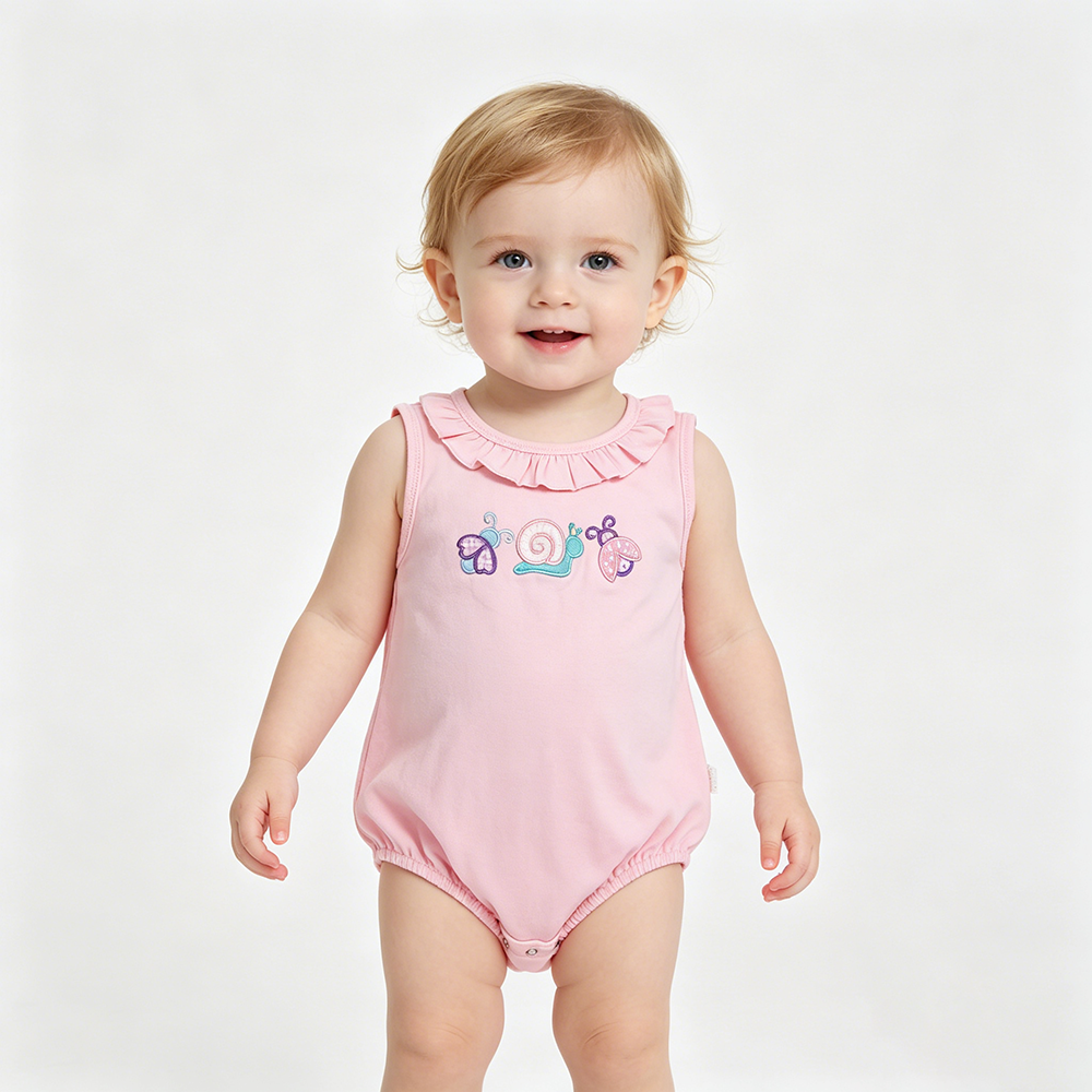 SR4037 Ladybirds Snails Embroidery Pink Cotton Baby Girls Sleeveless Romper