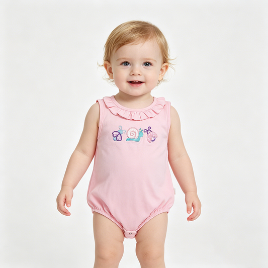 SR4037 Ladybirds Snails Embroidery Pink Cotton Baby Girls Sleeveless Romper