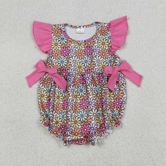 SR4049 Girls' Colorful Flowers Flutter Sleeve Bow Romper