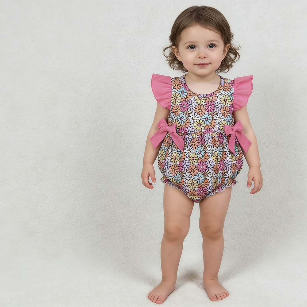 SR4049 Girls' Colorful Flowers Flutter Sleeve Bow Romper