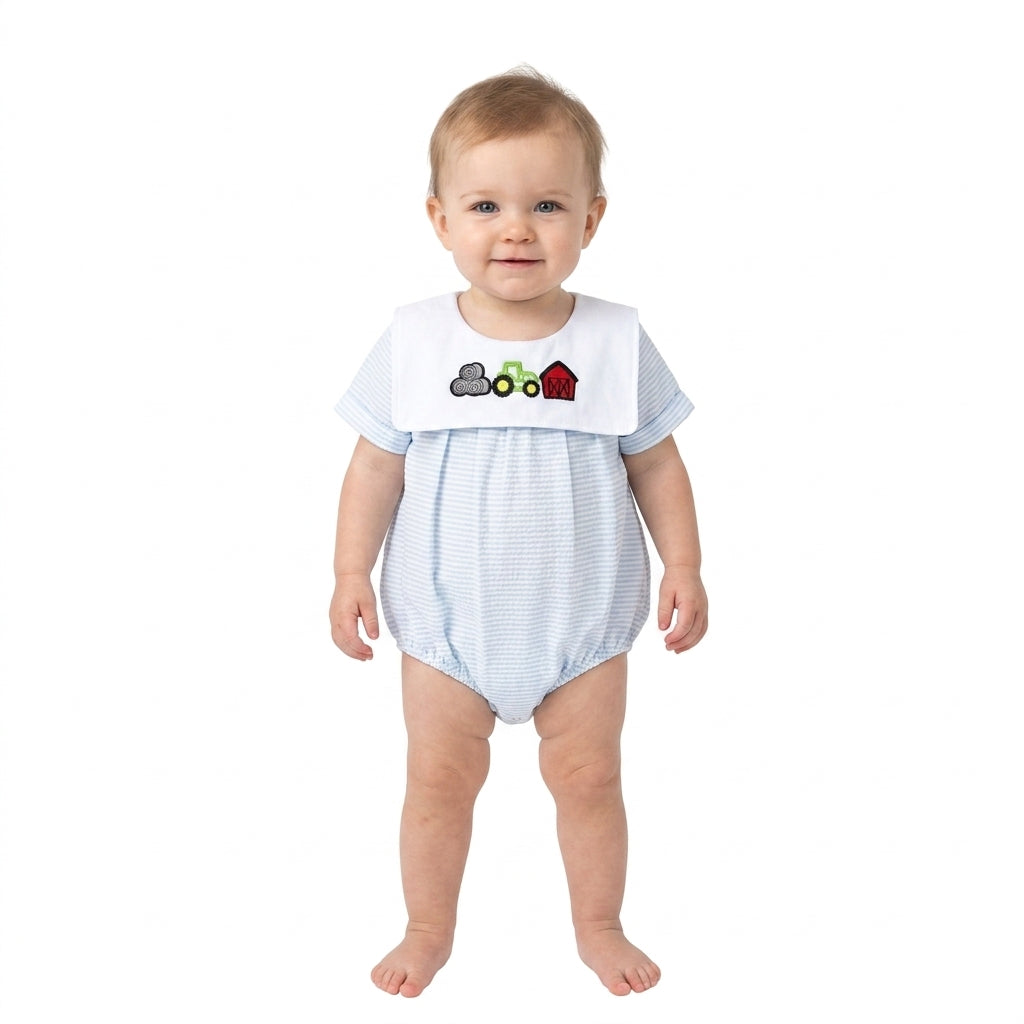 SR4075 Farm Tractors Embroidery Blue Stripes Baby Boys Short Sleeve Romper