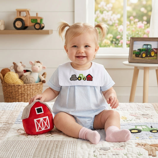 SR4075 Farm Tractors Embroidery Blue Stripes Baby Boys Short Sleeve Romper