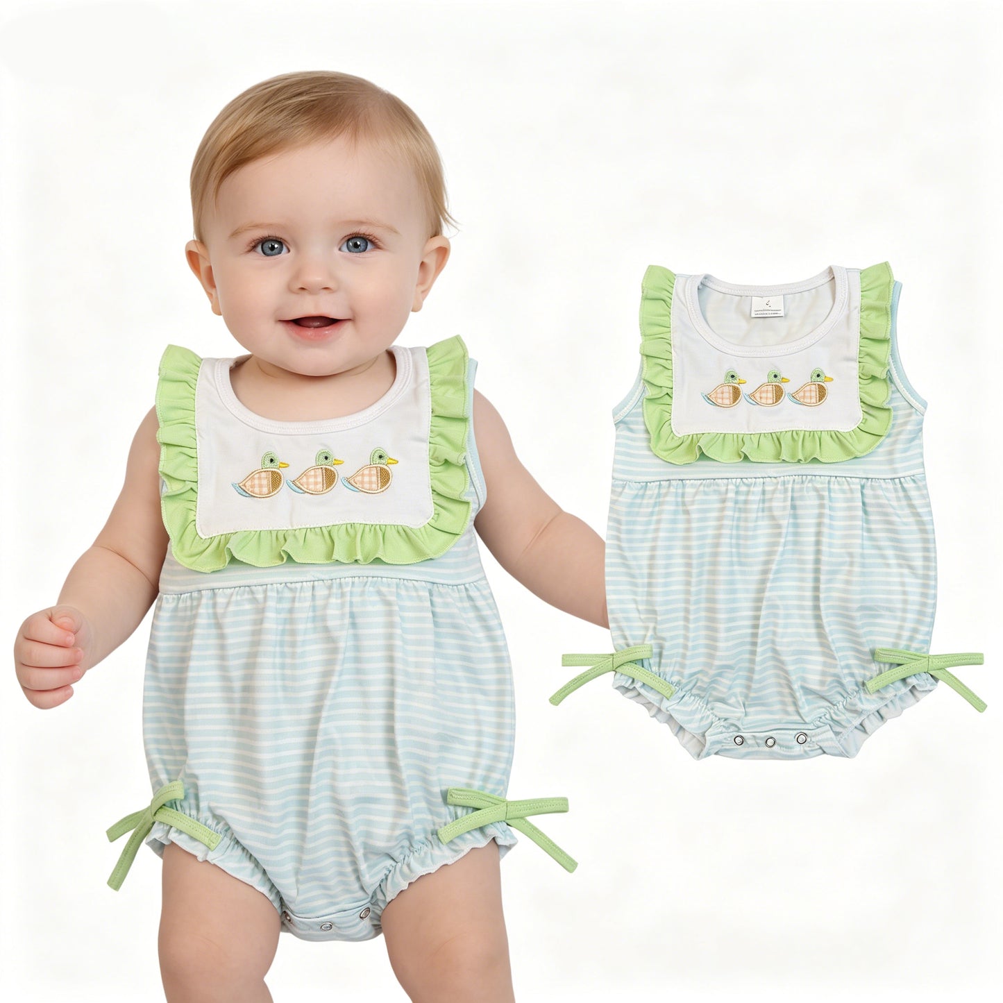 Duck Embroidery Stripes Print Baby Girls Summer Romper