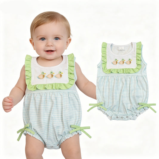 Duck Embroidery Stripes Print Baby Girls Summer Romper