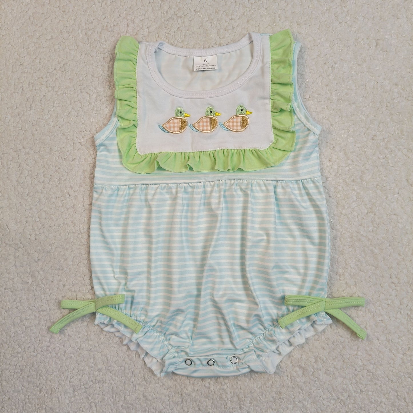 Duck Embroidery Stripes Print Baby Girls Summer Romper
