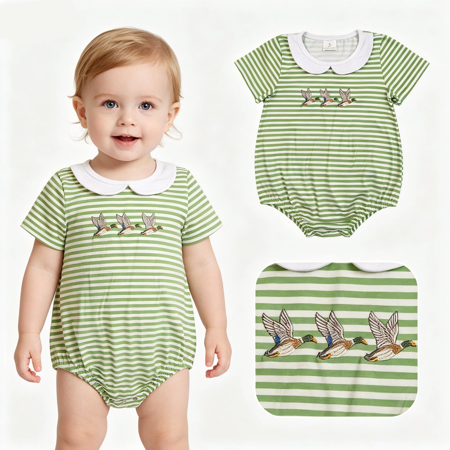Duck Embroidery Green Stripes Print Baby Boys Summer Doll Collar Romper