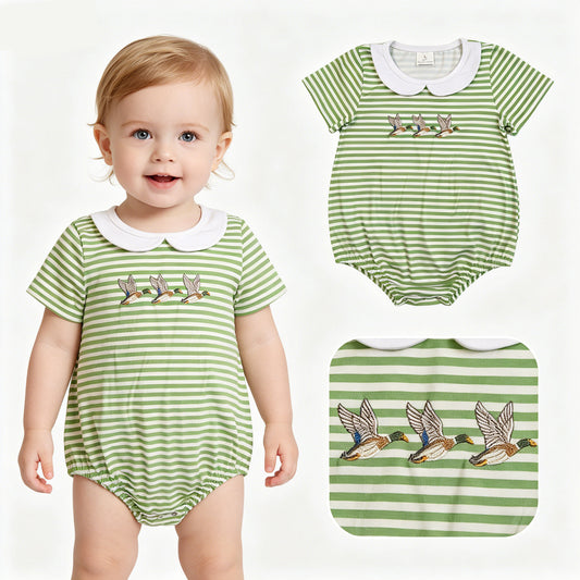 Duck Embroidery Green Stripes Print Baby Boys Summer Doll Collar Romper