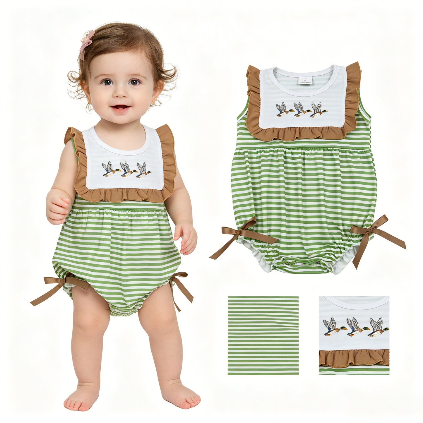 SR4084 Duck Embroidery Green Stripes Print Baby Girls Summer Romper