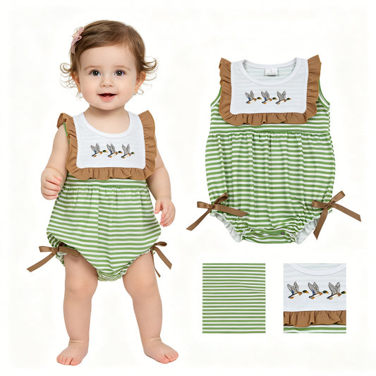 SR4084 Duck Embroidery Green Stripes Print Baby Girls Summer Romper