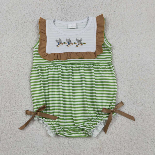 SR4084 Duck Embroidery Green Stripes Print Baby Girls Summer Romper