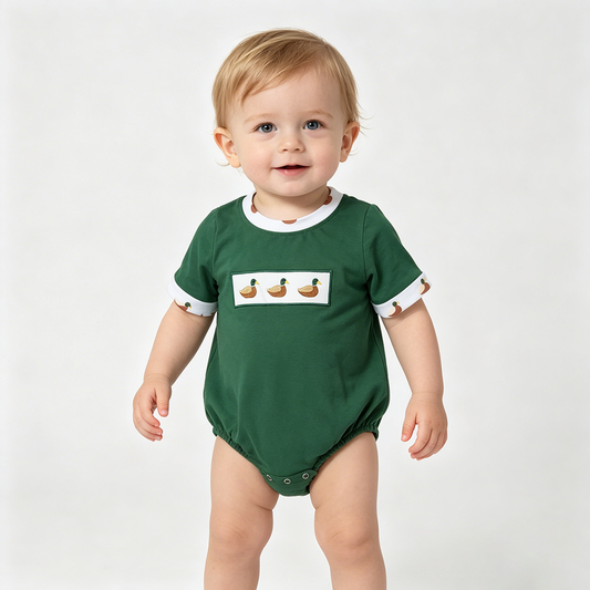SR4092 Duck Embroidery Green Baby Boys Summer Romper