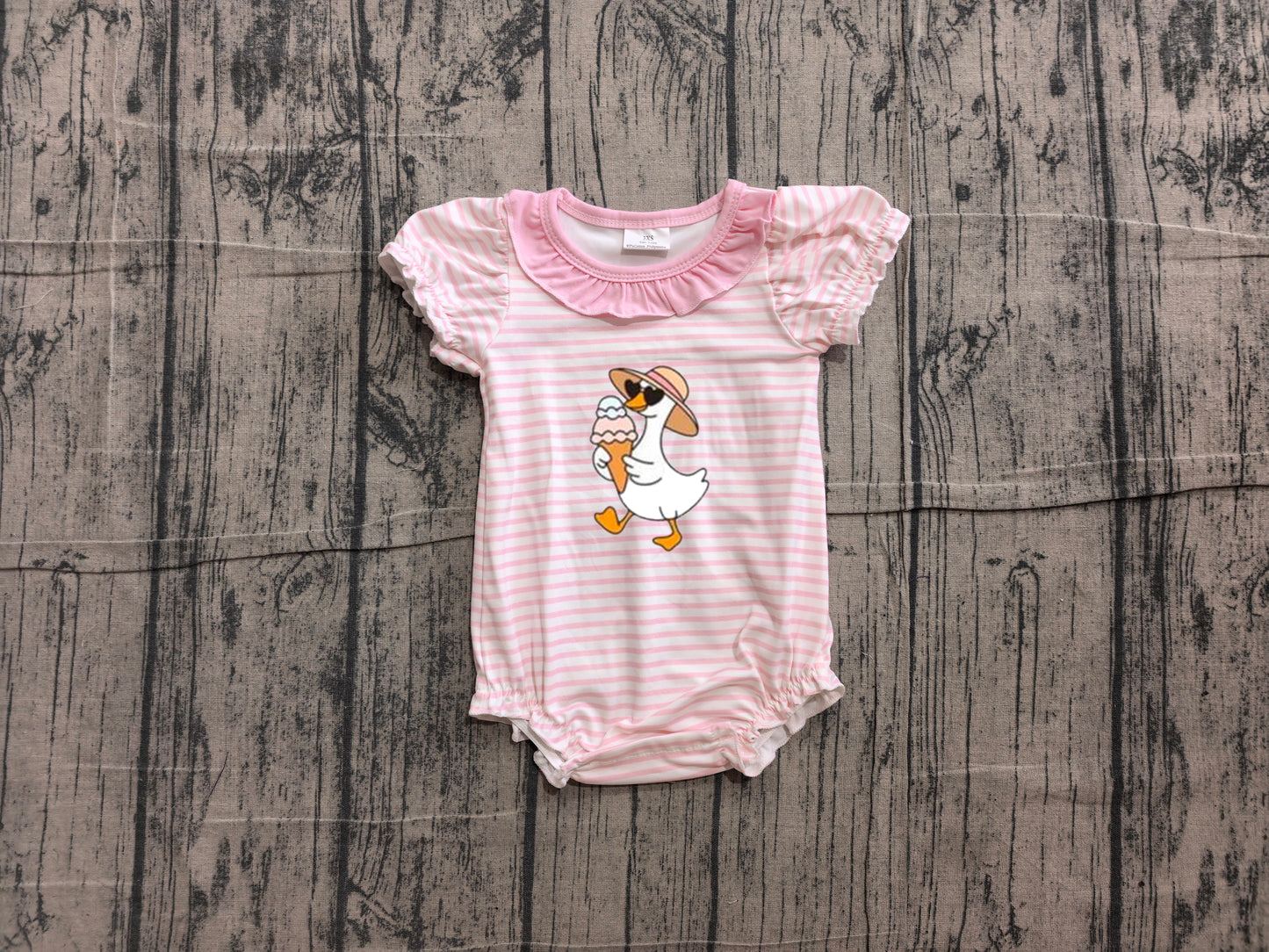 Embroidery Ice Cream Gooses Baby Girls Pink Stripe Ruffle Rompers Preorder