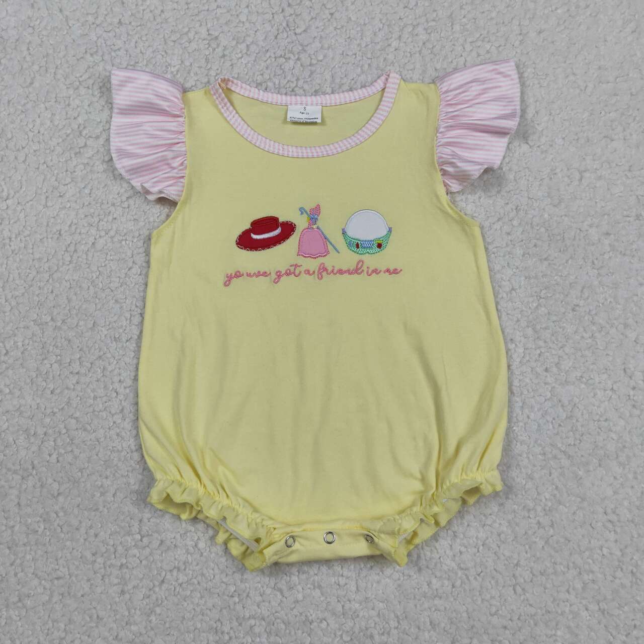 SR4105 Hat Cartoon Toy Embroidery Yellow Baby Girls Summer Romper