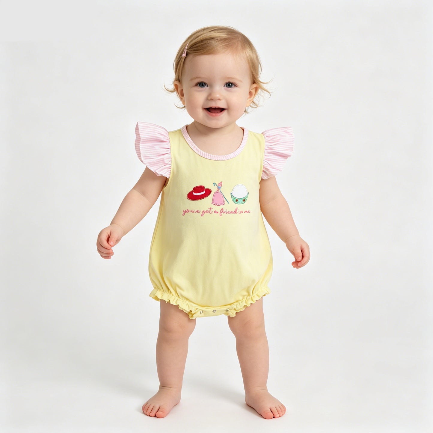 Hat Cartoon Toy Embroidery Yellow Baby Girls Summer Romper