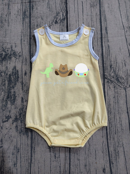 SR4106 Preorder Dino Hat Cartoon Toy Print Baby Boys Summer Button Romper