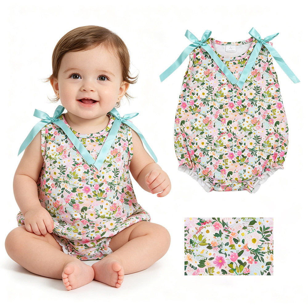 SR4111 Colorful Small Flowers Print Baby Girls Summer Sleeveless Romper