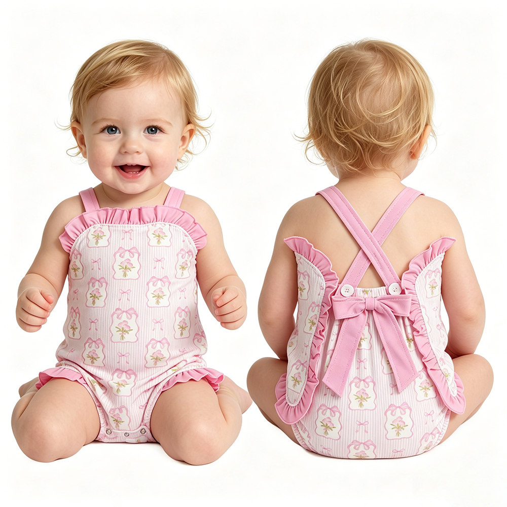 SR4112 Flowers Bows Stripes Pink Print Baby Girls Summer Strap Romper