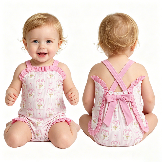 SR4112 Flowers Bows Stripes Pink Print Baby Girls Summer Strap Romper