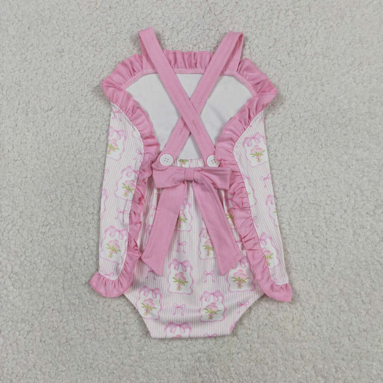 SR4112 Flowers Bows Stripes Pink Print Baby Girls Summer Strap Romper