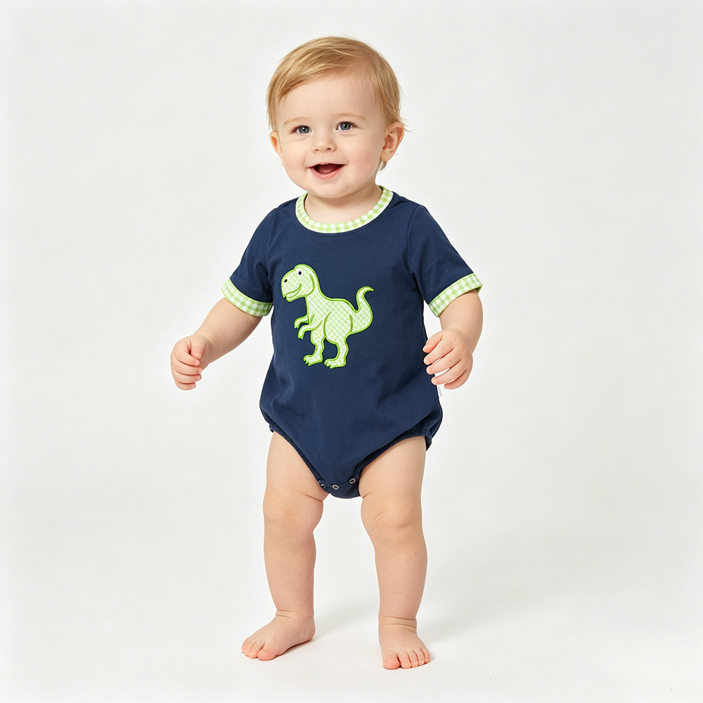 SR4113 Dino Embroidery Navy Green Plaid Print Baby Boys Summer Romper